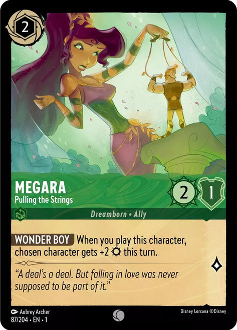 Carta Megara - Pulling the Strings,Set The First Chapter, Número de Tarjeta 87 , Color Emerald, Rarity Common