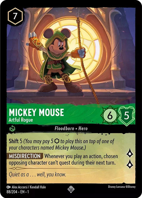 Carta Mickey Mouse - Artful Rogue,Set The First Chapter, Número de Tarjeta 88 , Color Emerald, Rarity Super Rare