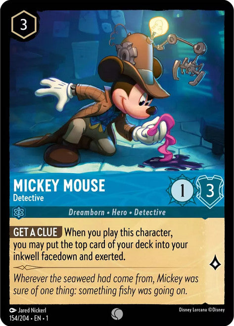 Carta Mickey Mouse - Detective,Set The First Chapter, Número de Tarjeta 154 , Color Sapphire, Rarity Common