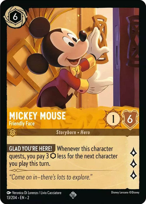 Carta Mickey Mouse - Friendly Face,Set Rise of the Floodborn , Número de Tarjeta 13 , Color Amber, Rarity Super Rare