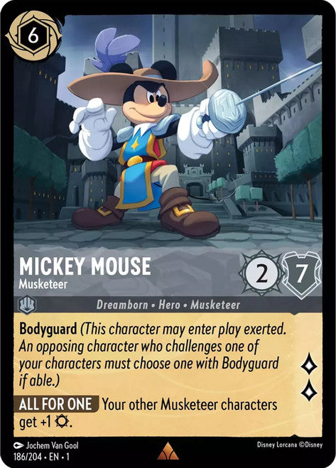Carta Mickey Mouse - Musketeer,Set The First Chapter, Número de Tarjeta 186 , Color Steel, Rarity Rare