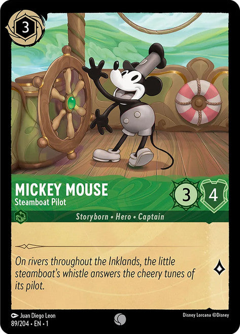 Carta Mickey Mouse - Steamboat Pilot,Set The First Chapter, Número de Tarjeta 89 , Color Emerald, Rarity Common