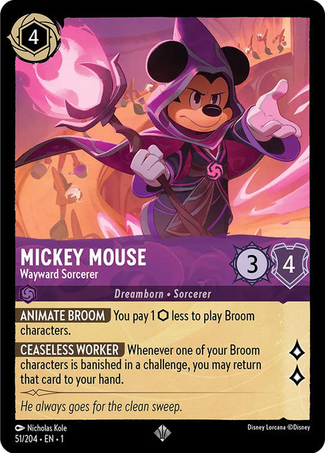 Carta Mickey Mouse - Wayward Sorcerer,Set The First Chapter, Número de Tarjeta 51 , Color Amethyst, Rarity Super Rare