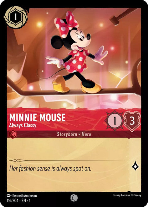 Carta Minnie Mouse - Always Classy,Set The First Chapter, Número de Tarjeta 116 , Color Ruby, Rarity Common