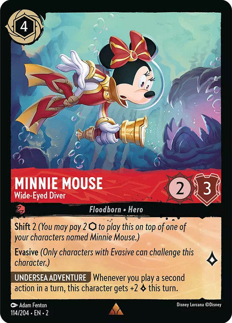Carta Minnie Mouse - Wide-Eyed Diver,Set Rise of the Floodborn , Número de Tarjeta 114 , Color Ruby, Rarity Rare