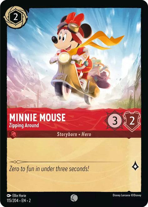 Carta Minnie Mouse - Zipping Around,Set Rise of the Floodborn , Número de Tarjeta 115 , Color Ruby, Rarity Common