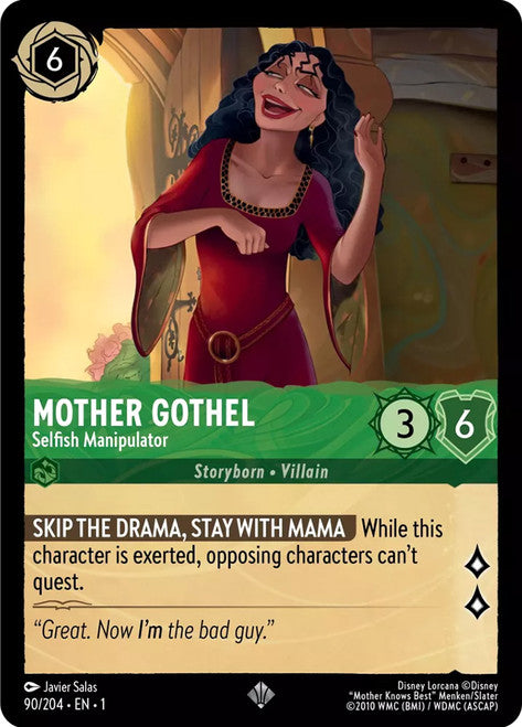 Carta Mother Gothel - Selfish Manipulator,Set The First Chapter, Número de Tarjeta 90 , Color Emerald, Rarity Super Rare