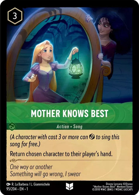 Carta Mother Knows Best,Set The First Chapter, Número de Tarjeta 95 , Color Emerald, Rarity Uncommon