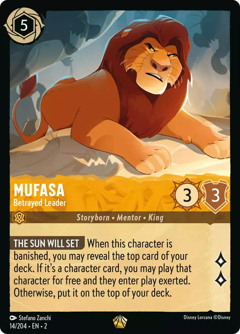 Carta Mufasa - Betrayed Leader,Set Rise of the Floodborn , Número de Tarjeta 14 , Color Amber, Rarity Legendary