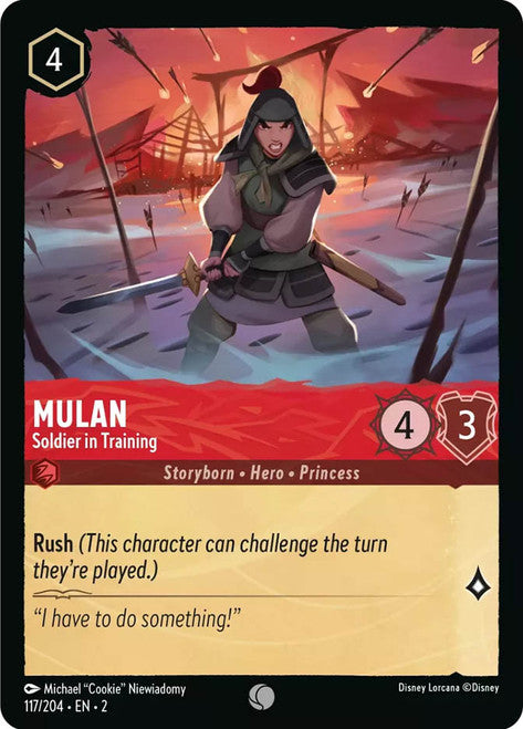 Carta Mulan - Soldier in Training,Set Rise of the Floodborn , Número de Tarjeta 117 , Color Ruby, Rarity Common
