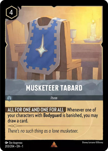 Carta Musketeer Tabard,Set The First Chapter, Número de Tarjeta 203 , Color Steel, Rarity Rare