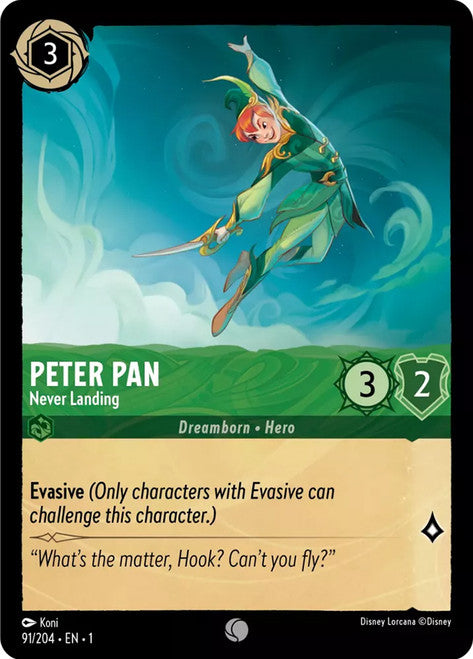 Carta Peter Pan - Never Landing,Set The First Chapter, Número de Tarjeta 91 , Color Emerald, Rarity Common