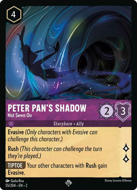 Carta Peter Pan's Shadow - Not Sewn On,Set Rise of the Floodborn , Número de Tarjeta 55 , Color Amethyst, Rarity Super Rare