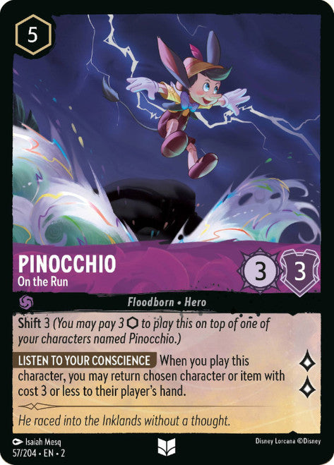 Carta Pinocchio - On the Run,Set Rise of the Floodborn , Número de Tarjeta 57 , Color Amethyst, Rarity Uncommon