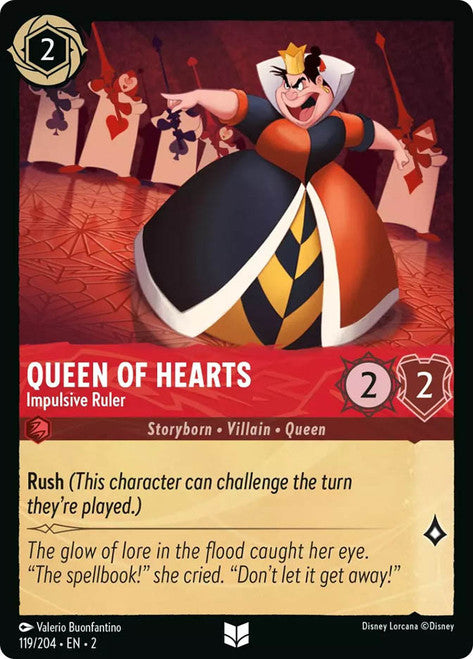 Carta Queen of Hearts - Impulsive Ruler,Set Rise of the Floodborn , Número de Tarjeta 119 , Color Ruby, Rarity Uncommon