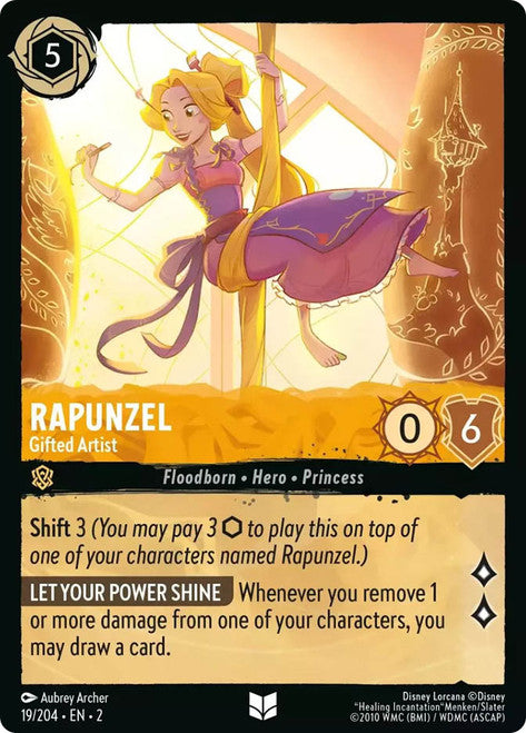 Carta Rapunzel - Gifted Artist,Set Rise of the Floodborn , Número de Tarjeta 19 , Color Amber, Rarity Uncommon