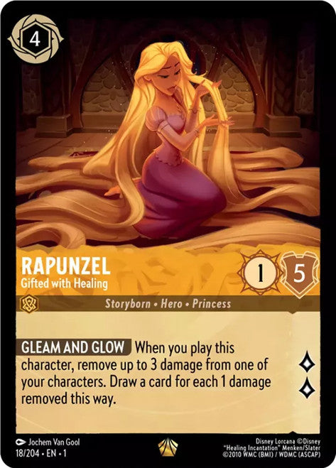 Carta Rapunzel - Gifted with Healing,Set The First Chapter, Número de Tarjeta 18 , Color Amber, Rarity Legendary
