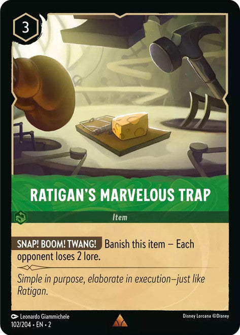 Carta Ratigan's Marvelous Trap,Set Rise of the Floodborn , Número de Tarjeta 102 , Color Emerald, Rarity Rare