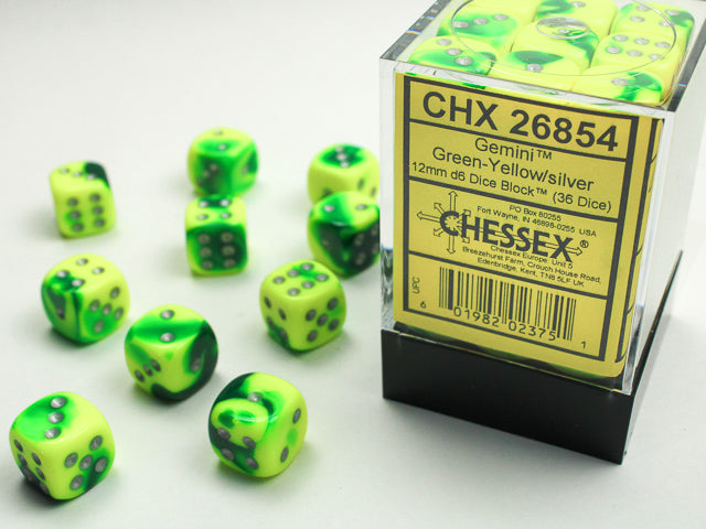 CHESSEX - Gemini Green-Yellow/Silver - 12mm d6 Dice Block (36 dice)