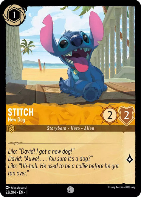 Carta Stitch - New Dog,Set The First Chapter, Número de Tarjeta 22 , Color Amber, Rarity Common