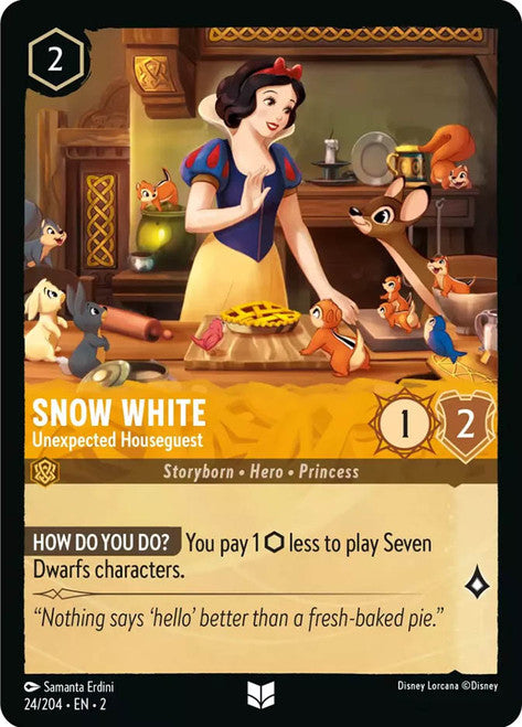 Carta Snow White - Unexpected Houseguest,Set Rise of the Floodborn , Número de Tarjeta 24 , Color Amber, Rarity Uncommon