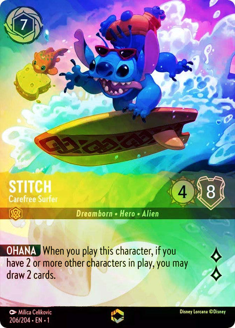 Carta Stitch - Carefree Surfer,Set The First Chapter, Número de Tarjeta 206 , Color Amber, Rarity Enchanted