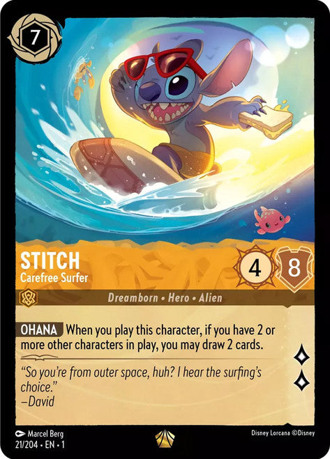 Carta Stitch - Carefree Surfer,Set The First Chapter, Número de Tarjeta 21 , Color Amber, Rarity Legendary