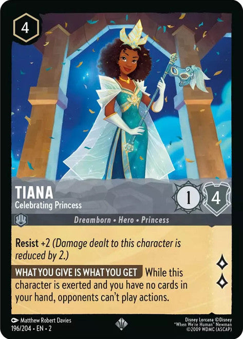 Carta Tiana - Celebrating Princess,Set Rise of the Floodborn , Número de Tarjeta 196 , Color Steel, Rarity Super Rare