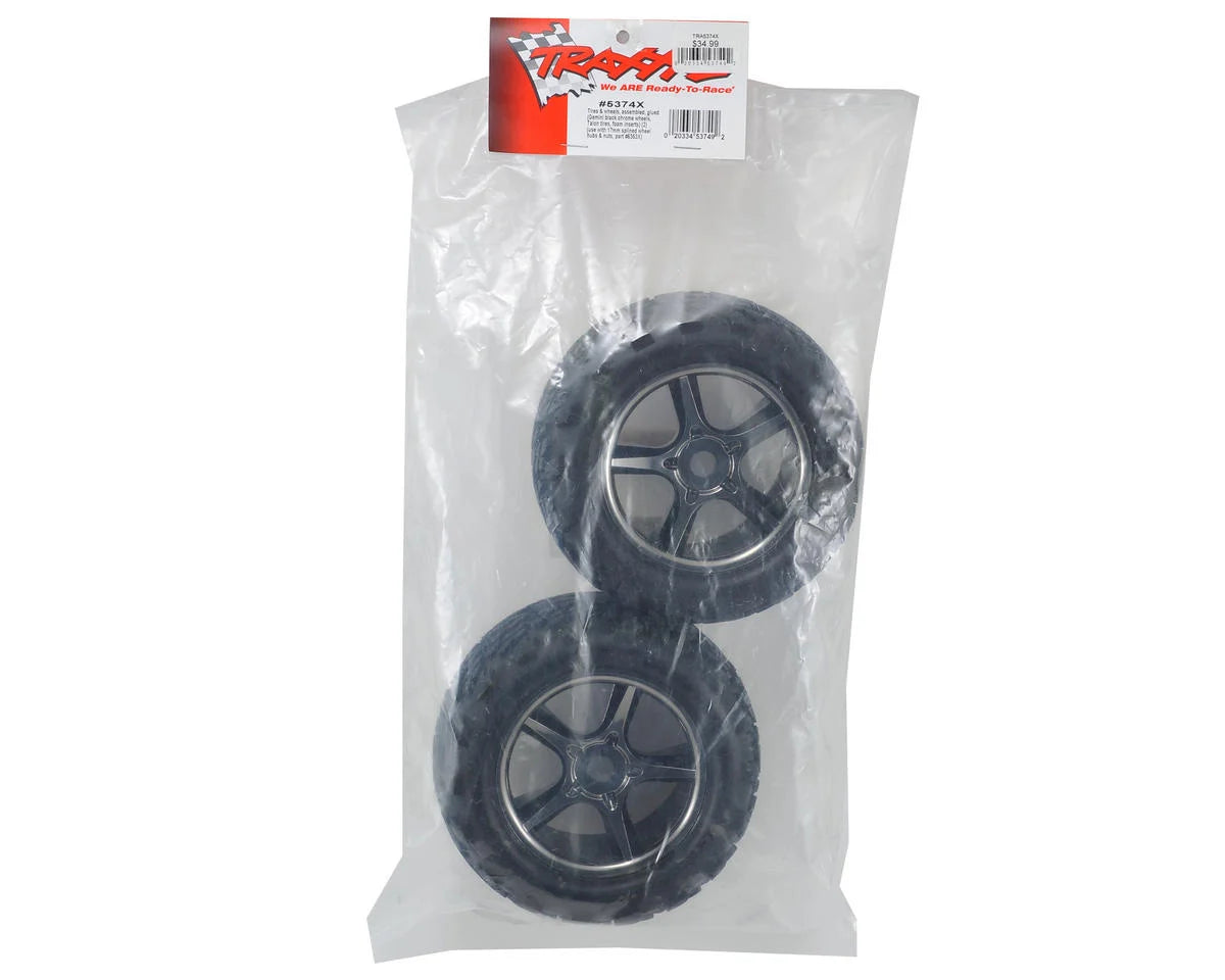Traxxas - Tires & wheels, assembled, glued (Gemini black chrome wheels, Talon tires, foam inserts) (2) (use with 17mm splined wheel hubs & nuts, part #5353X) (TSM® rated)