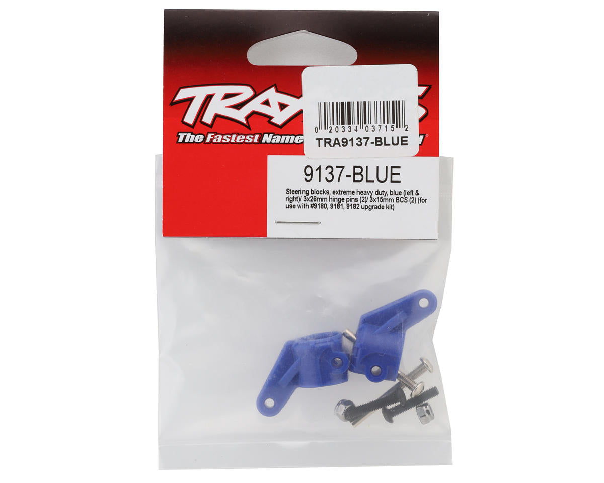 Traxxas - Steering blocks, extreme heavy duty, blue (left & right)/ 3x26mm hinge pins (2)/ 3x15mm BCS (2) (for use with #9180, 9181, 9182 upgrade kit)
