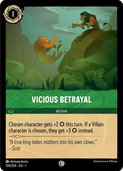 Carta Vicious Betrayal,Set The First Chapter, Número de Tarjeta 100 , Color Emerald, Rarity Common
