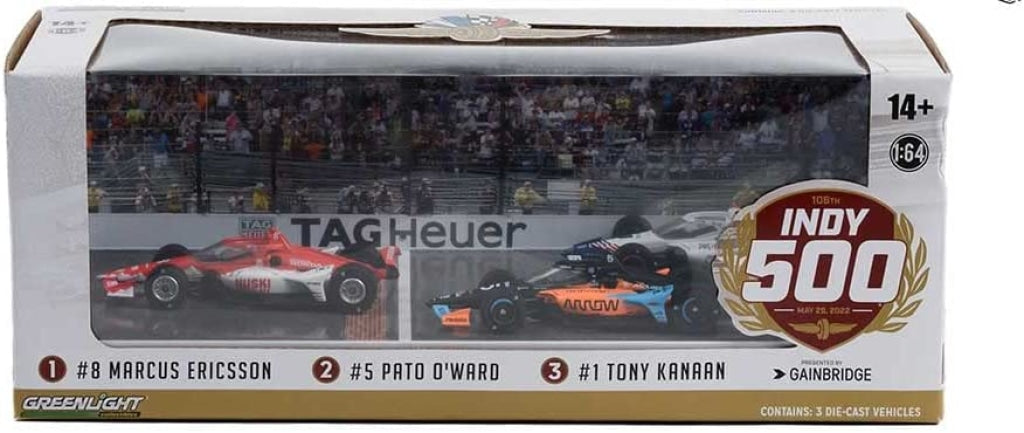 Greenlight - 2022 Indianapolis 500 Podium 3-Car Set #8 Marcus Ericsson Chip Ganassi Racing / Huski