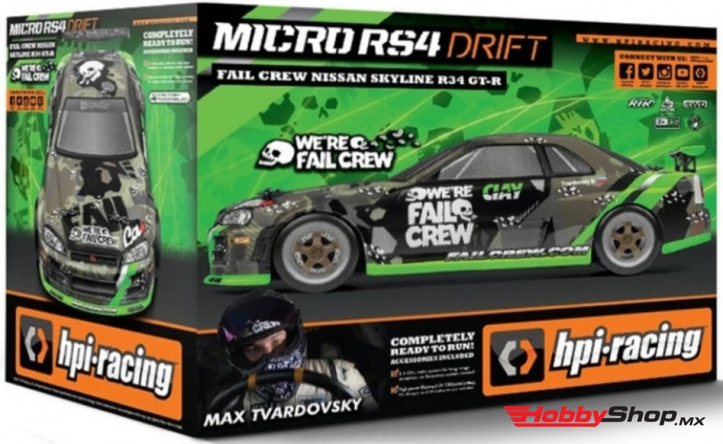 Hpi Racing - Micro Rs4 Drift Fail Crew Nissan Skyline R34 Gt-R Rtr Ready To Run W/ Battery & Charger