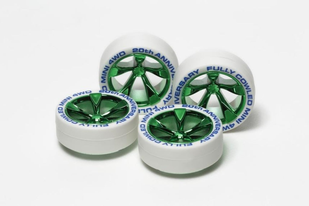 Tamiya - Jr Low Profile Tires White W/ Green Wheels (4Pcs) En Existencia