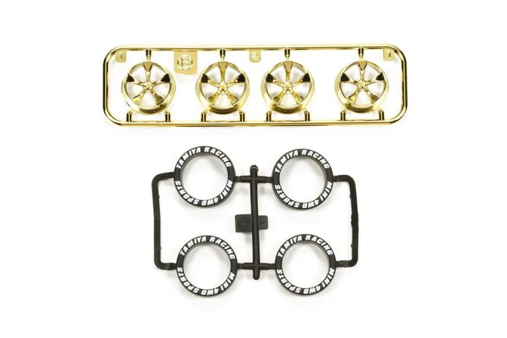 Tamiya - Jr Low Profile Tire/wheel Set 5-Spoke Gold Plate En Existencia