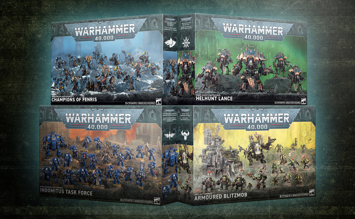 Cajas Battleforce Champions of Fenris, Helhunt Lance, Indomitus Task Force y Armoured Blitzmob de Warhammer 40,000