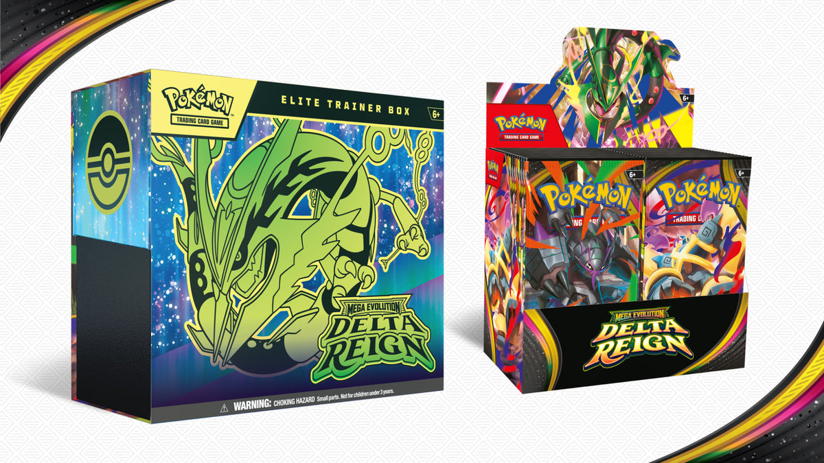 Elite Trainer Box y caja de sobres de Pokémon TCG Mega Evolution—Delta Reign