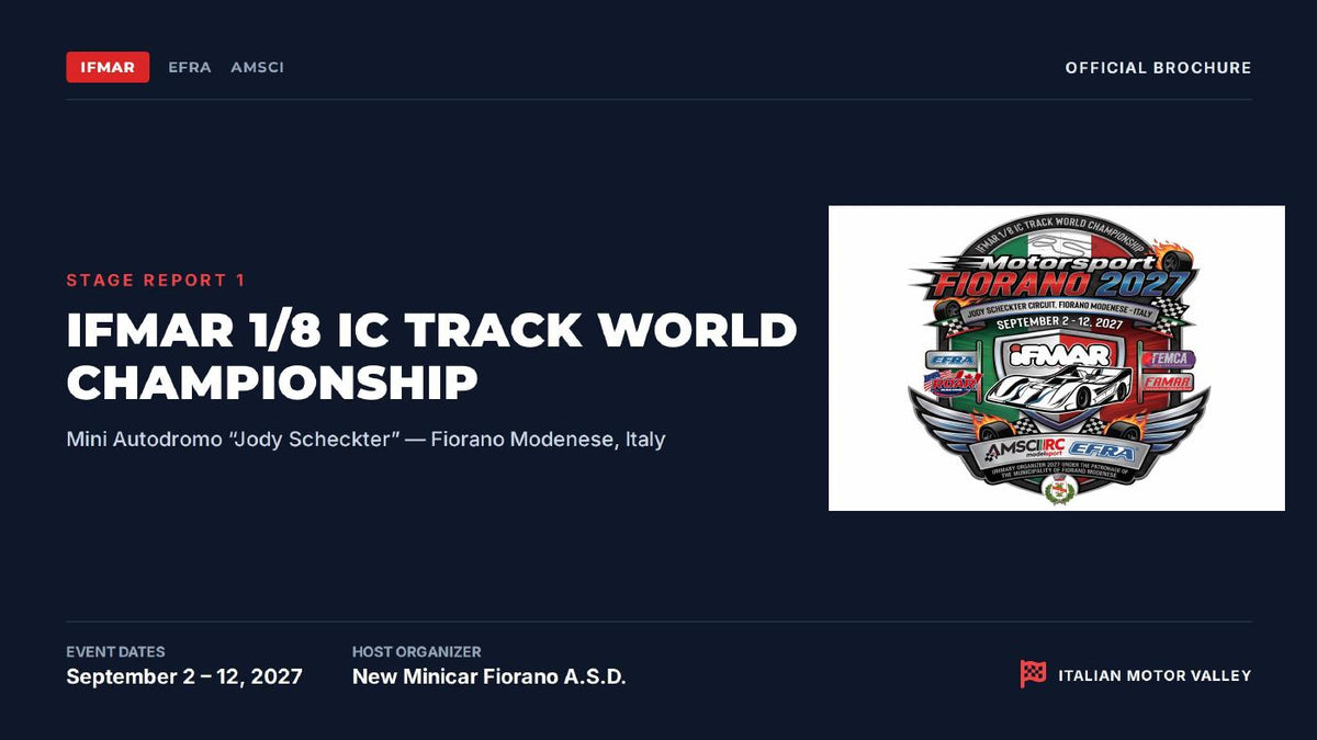 Portada oficial del Stage Report 1 del Mundial IFMAR 1/8 pista nitro Fiorano 2027