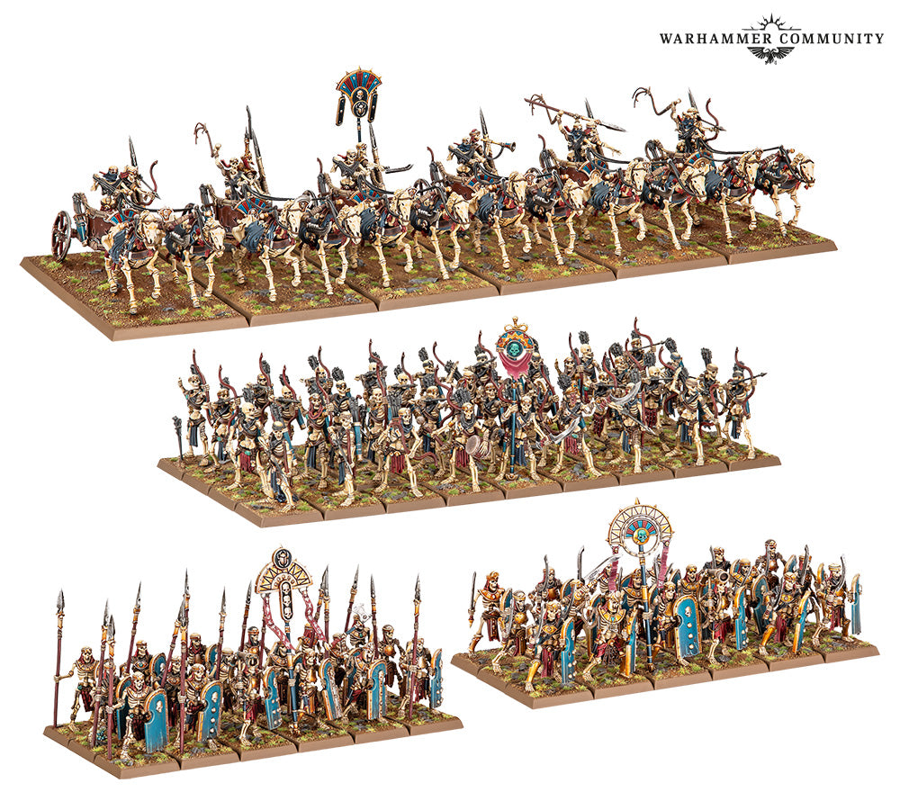 Host of Nehekhara: guerreros, arqueros y carros esqueléticos de Tomb Kings