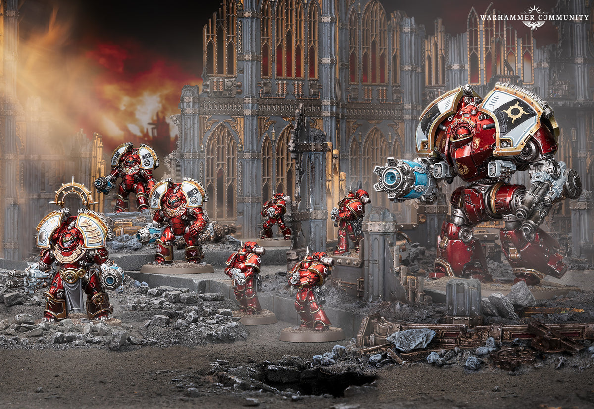 Miniaturas de Warhammer: The Horus Heresy con armaduras rojas y blancas entre ruinas