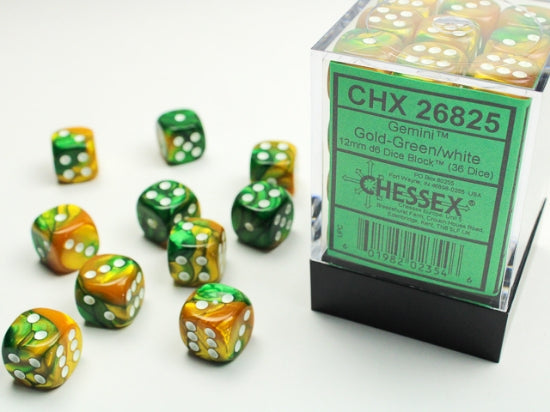 CHESSEX - Gemini Gold-Green/white 12mm d6 Dice Block (36 dice)