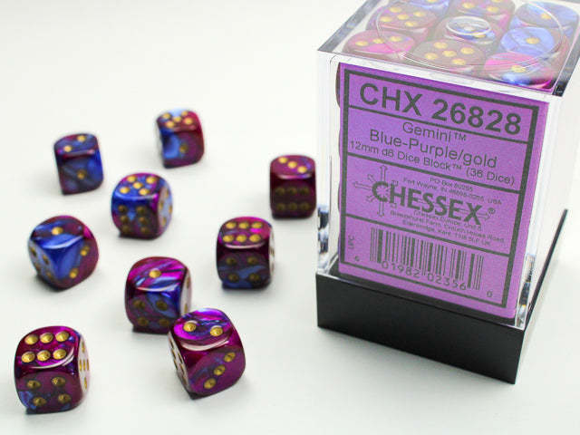 CHESSEX - Gemini Blue-Purple/gold - 12mm d6 Dice Block (36 dice)