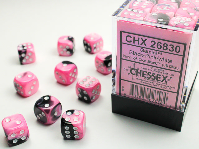 CHESSEX - Gemini Black-Pink/white - 12mm d6 Dice Block (36 dice)