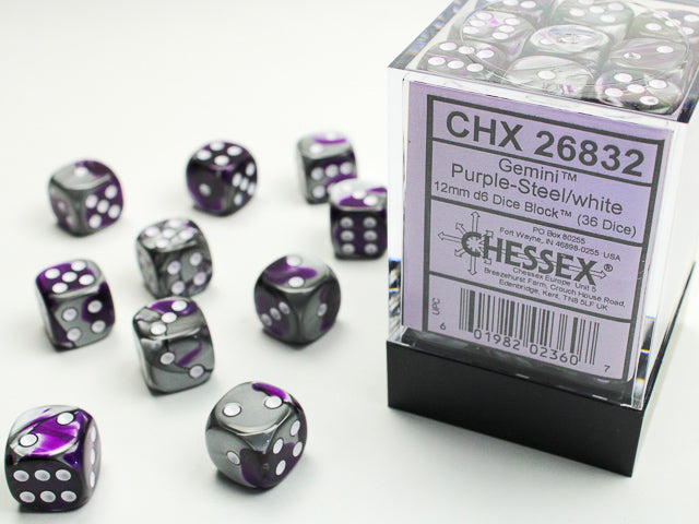 CHESSEX - Gemini Purple-Steel/white - 12mm d6 Dice Block (36 dice)