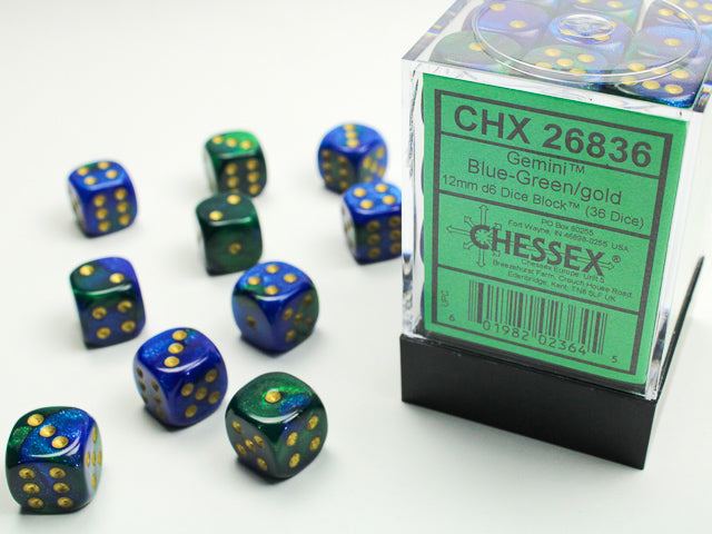 CHESSEX -  Gemini Blue-Green/gold 12mm d6 Dice Block (36 dice)