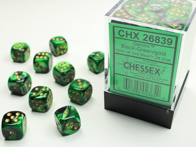 CHESSEX - Gemini Black-Green/gold - 12mm d6 Dice Block (36 dice)