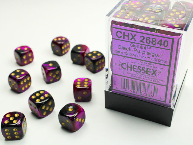 CHESSEX - Gemini Black-Purple/gold 12mm d6 Dice Block (36 dice)
