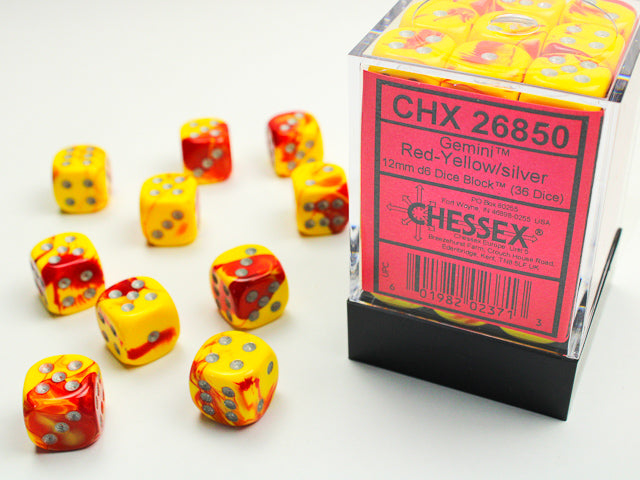 CHESSEX -  Gemini Red-Yellow/silver 12mm d6 Dice Block (36 dice)