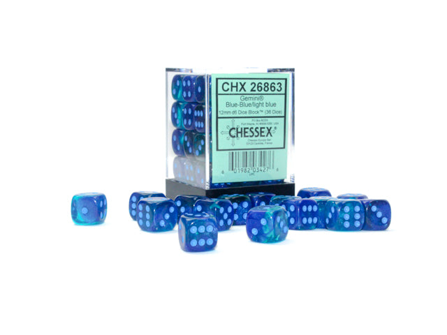 CHESSEX - Gemini Blue-Blue/light blue Luminary 12mm d6 Dice Block (36 dice)