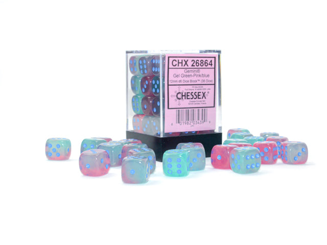 CHESSEX - Gemini Gel Green-Pink/Blue - Black 12mm d6 Dice Block (36 dice)